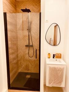 um chuveiro na casa de banho com um lavatório e um espelho em Cosy Studio - Verneuil d'Avre et d'Iton em Verneuil d’Avre et d’Iton