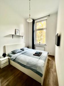 sypialnia z dużym łóżkiem i oknem w obiekcie ACM Centrum Apartament z parkingiem w Bydgoszczy