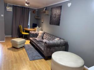 a living room with a couch and a table at Entire 1 bedroom city house in London