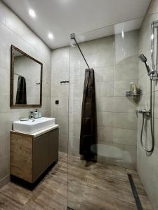 ein Bad mit einem Waschbecken und einer Dusche in der Unterkunft Vista Kopaonik Milmari Studio P22 in Kopaonik