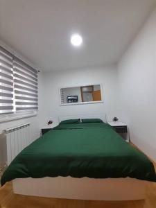 ein Schlafzimmer mit einem grünen Bett und einem Fenster in der Unterkunft Stan na dan Pepi Lukavica, Sarajevo in Donje Mladice