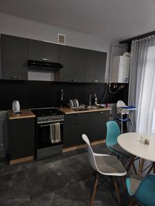 cocina con fogones, mesa y sillas en Premium apartments 2, en Leópolis