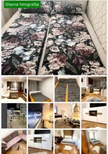 a collage of pictures of a bedroom with a bed at Apartman City Center 1-šetalište in Prijedor