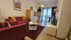een woonkamer met een rode bank en een tv bij Studio 28 - 1 camera Lazăr Residence ultracentral in Iaşi