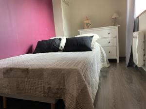 ein Schlafzimmer mit einem Bett mit einer rosa Wand und einer Kommode in der Unterkunft Les Granges De Jadis d'Alsace in Holtzwihr