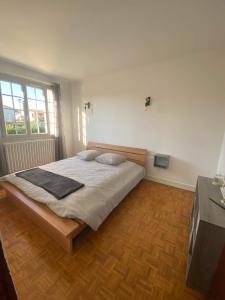 1 dormitorio con 1 cama grande y suelo de madera en Villa Gesinacris avec piscine, en Camaret-sur-Aigues