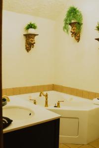 ein Badezimmer mit einer Badewanne, einem Waschbecken und Pflanzen in der Unterkunft Landoll's Mohican Castle in Loudonville