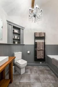 ein Badezimmer mit Toilette, Waschbecken und Kronleuchter in der Unterkunft Gilliflower 1 bedroom cottage at Trethwale Barns Holiday Home in Saint Keyne + 9 Fotos