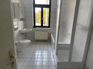 e bagno con servizi igienici, lavandino e doccia. di Großzügige Ferienwohnung mit Balkon a Chemnitz