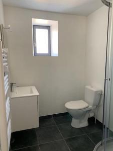 La salle de bains est pourvue de toilettes, d'un lavabo et d'une fenêtre. dans l'établissement La chambre de Zé, à Tournus