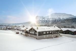 ein Haus im Schnee mit einem Berg im Hintergrund in der Unterkunft Fossheim Lodge - arealeffektiv minileilighet in Torset