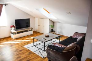 uma sala de estar com um sofá e uma mesa em Studio apartment OAZA em Sisak