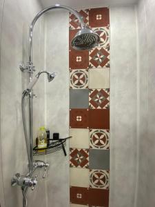 a shower in a bathroom with a tile wall at Au beau séjour 