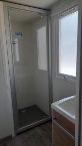 a bathroom with a shower and a sink and a mirror at Le Bois Dormant in Saint-Jean-de-Monts