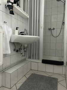 een witte badkamer met een wastafel en een douche bij Schöne Eigentumswohnung in Kassel in Kassel