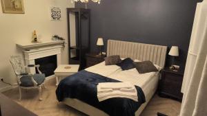 una camera con un grande letto e un camino di Luxury Airport Retreat a Cluj-Napoca