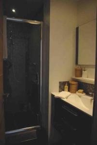 La salle de bains est pourvue d'une douche et d'un lavabo. dans l'établissement Gîte de charme avec piscine privative, à Bagnols-en-Forêt