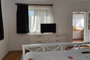 a bedroom with a dresser with a television on it at Nature Hideaway in Cetatenii
