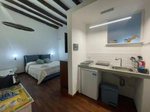 パレルモにあるJunior Suite Mamoのシンク付きのキッチンとベッドが備わった部屋