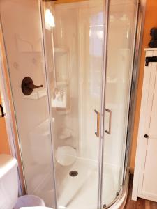 a shower with a glass door in a bathroom at Acorn Cottage at Hocking Vacations in Logan