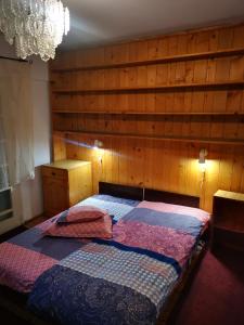 a bedroom with a bed with a wooden wall at Flava Hostel in Cluj-Napoca