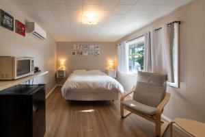 a bedroom with a bed and a chair and a television at Star Gate Motel in Indian River