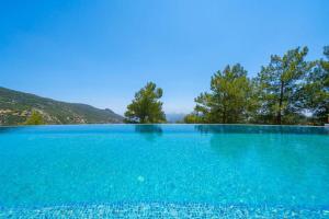 een groot zwembad van blauw water met bomen op de achtergrond bij Villa Taş Ev in İslâmlar
