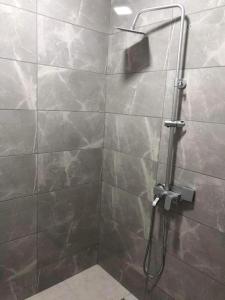a bathroom with a shower with a glass door at Apartment George in Kutaisi