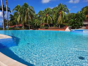 uma grande piscina com palmeiras ao fundo em Studio privé dans un village de vacances em Sainte-Luce
