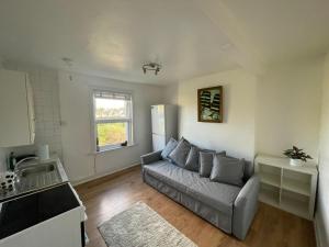 a living room with a couch and a kitchen at Islington Apartments in London