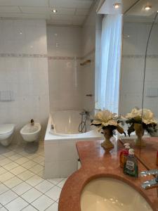 a bathroom with a sink and a tub and a toilet at Pension zum Landhaus 