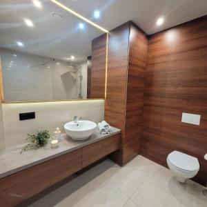 a bathroom with a sink and a toilet at Niron Apartament Kapucyńska in Piła