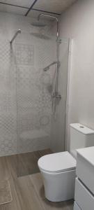 a bathroom with a toilet and a glass shower at Precioso apartamento de diseño para 4/6 personas in Valencia