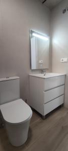 La salle de bains est pourvue de toilettes blanches et d'un miroir. dans l'établissement Precioso apartamento de diseño para 4-6 personas VT-55212-V, à Valence