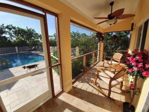 un balcón con vistas a la piscina y a un gato en Just Chillin in Little Cayman, en Head of Bay
