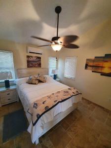 a bedroom with a bed with a ceiling fan at Just Chillin in Little Cayman in Head of Bay