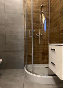 a shower with a glass door in a bathroom at Morawskiego 12 in Krakow