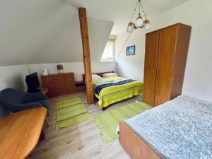een slaapkamer met 2 bedden en een stapelbed bij Noclegi Solina Sunrise in Solina