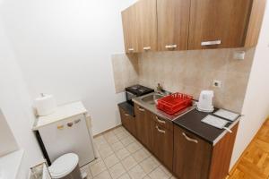 Il comprend une petite cuisine avec un lavabo et des toilettes. dans l'établissement Apartman 369, à Subotica