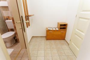 La salle de bains est pourvue de toilettes et d'une armoire en bois. dans l'établissement Apartman 369, à Subotica
