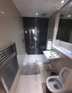 ein Bad mit einem WC, einem Waschbecken und einer Dusche in der Unterkunft Luxurious 3 Bedroom Flat Close To East Croydon Station - Gym - Sleeps 6 in London