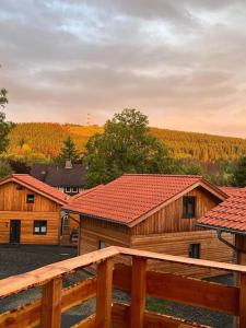 een houten huis met een houten hek en bomen bij Ganze Pension Cecilie für Gruppenreisen in Hahnenklee-Bockswiese +20 foto's