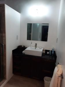 a bathroom with a sink and a mirror at Moringa Villa Master Suite in Soufrière