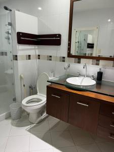 a bathroom with a toilet and a sink and a mirror at Casa independiente, ciudad jardín in Cali