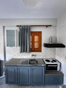 a kitchen with blue cabinets and a sink at Villa Spyros in Syvota +10 photos
