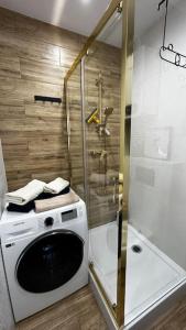 een wasmachine in een badkamer met een douche bij Gajowa Apartament in Chorzów