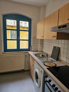 een keuken met een wastafel en een wasmachine bij Ganze Wohnung Neben Hauptbahnhof in Neurenberg