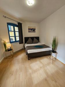 een slaapkamer met een groot bed en een raam bij Ganze Wohnung Neben Hauptbahnhof in Neurenberg