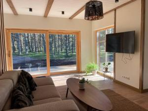 a living room with a couch and a table and a tv at Luxury Villa Pitraga Viļņi in Pitragutsiyeme