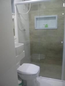 La salle de bains est pourvue de toilettes et d'une douche en verre. dans l'établissement Privilégio em Cabo Frio, à Cabo Frio
